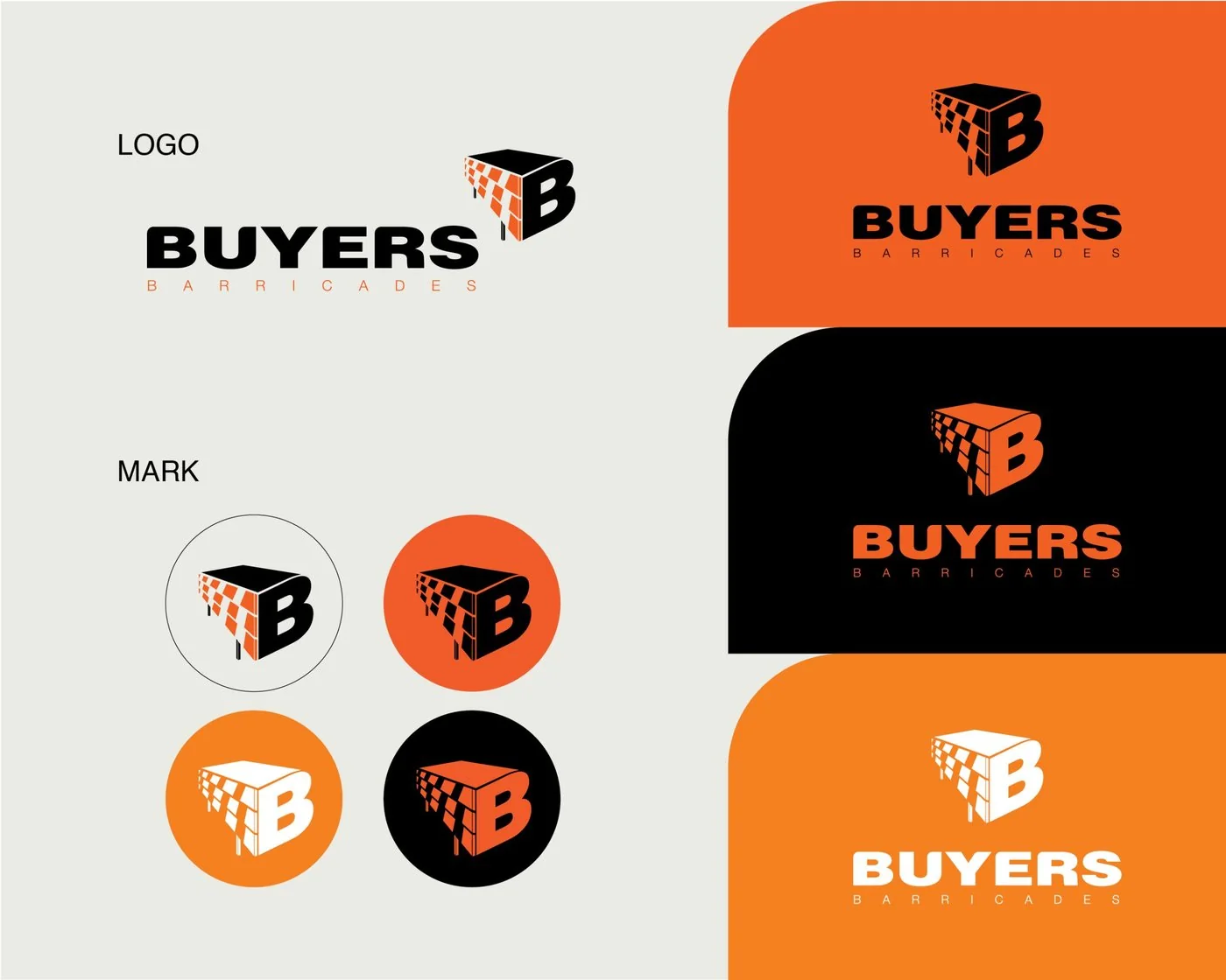 Buyers Barricades logo board: the full logo and four round mark versions, with lockups on orange, black and light orange