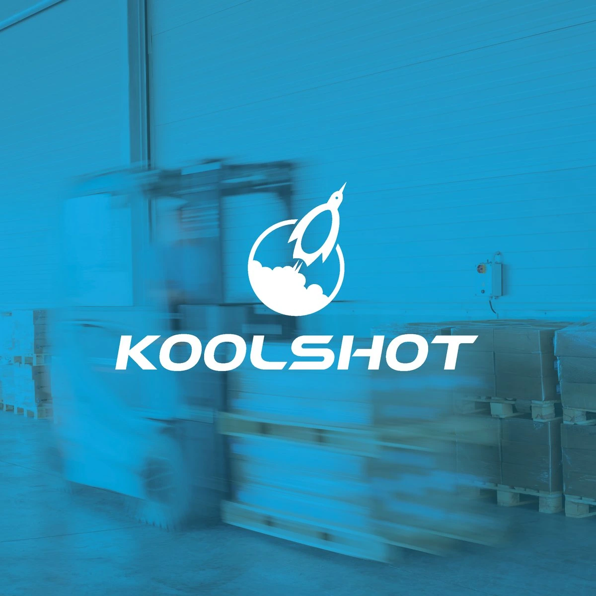 White KoolShot logo over a blue-toned warehouse with a forklift moving pallets