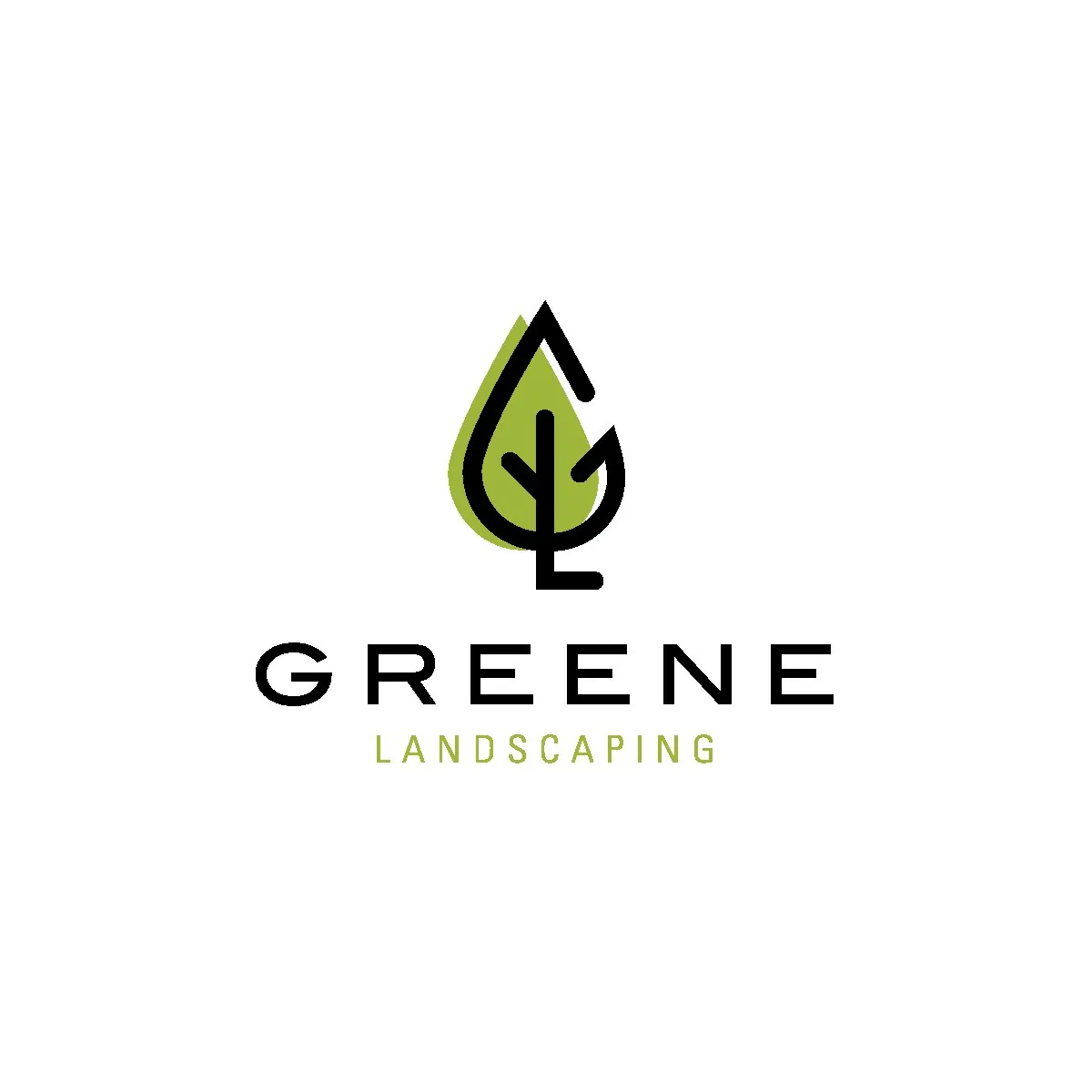 GREENE Landscaping logo: a leaf mark drawn from a G and an L over a green drop, above the GREENE wordmark
