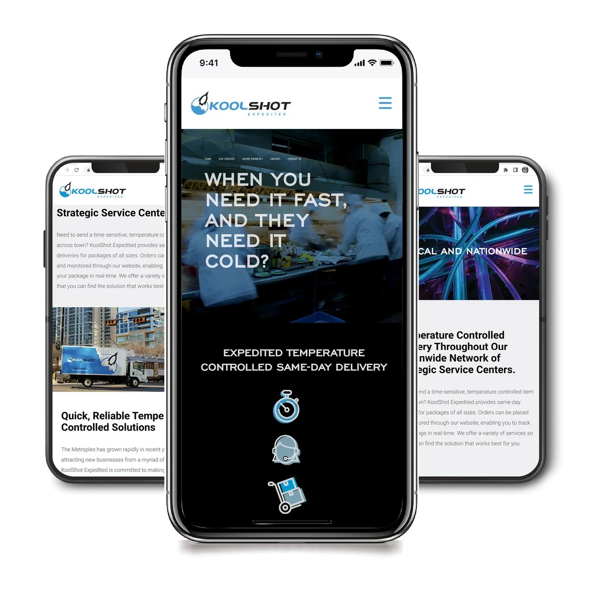 Three phones showing the KoolShot mobile site with service icons and service center pages