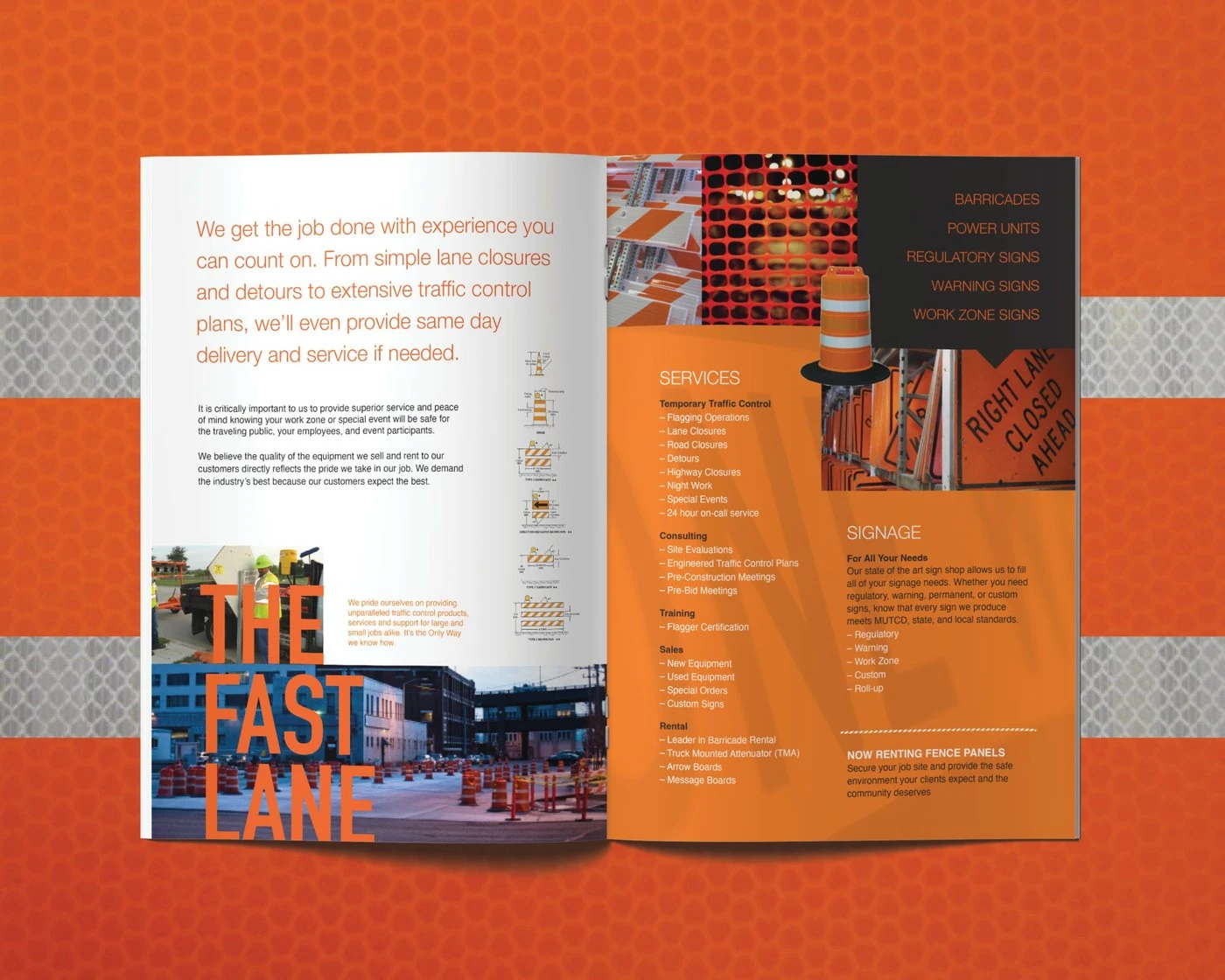 Brochure spread “The Fast Lane” with services, signage and rental lists