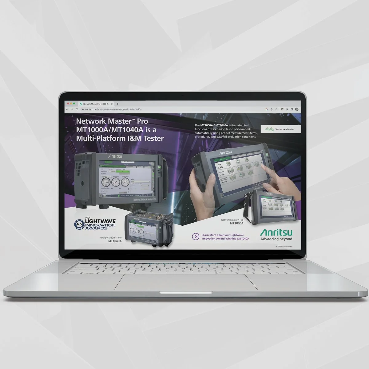 Anritsu Network Master Pro MT1000A/MT1040A web page on a laptop