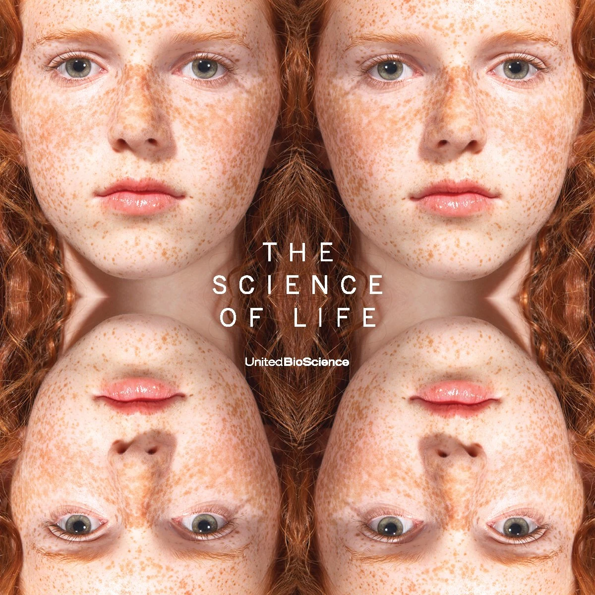 Mirrored kaleidoscope of a freckled red-haired girl with “The Science of Life” and the United BioScience wordmark