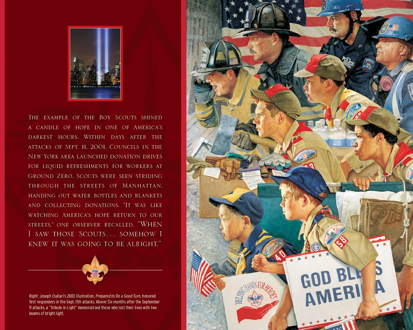 September 11 spread with the Tribute in Light and Joseph Csatari’s painting of Scouts and first responders