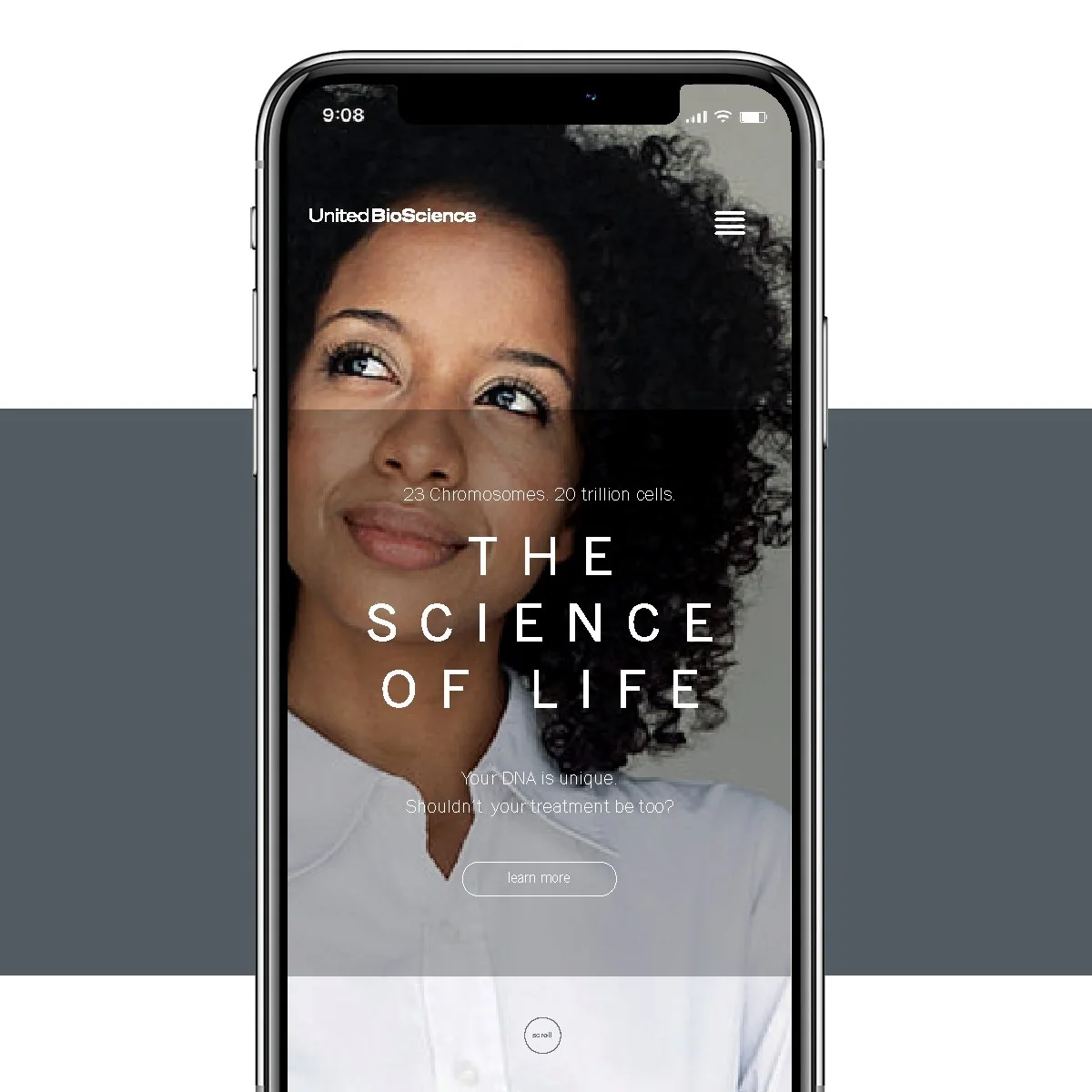 United Bioscience mobile site on a phone: a woman looking up behind “The Science of Life”