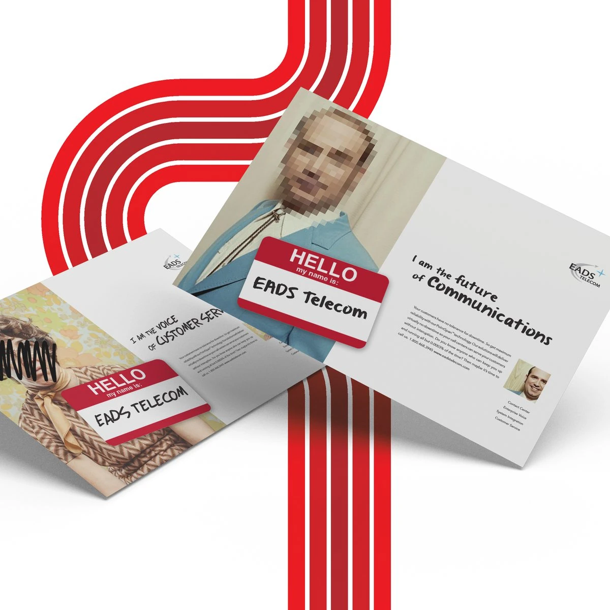 Two EADS Telecom brochure spreads with name-tag characters over sweeping red stripes
