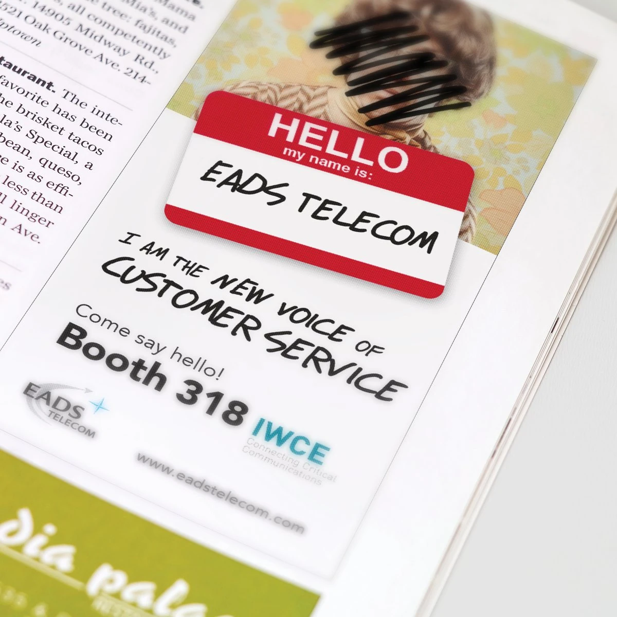 Small-space EADS Telecom magazine ad “I am the new voice of customer service, Booth 318”