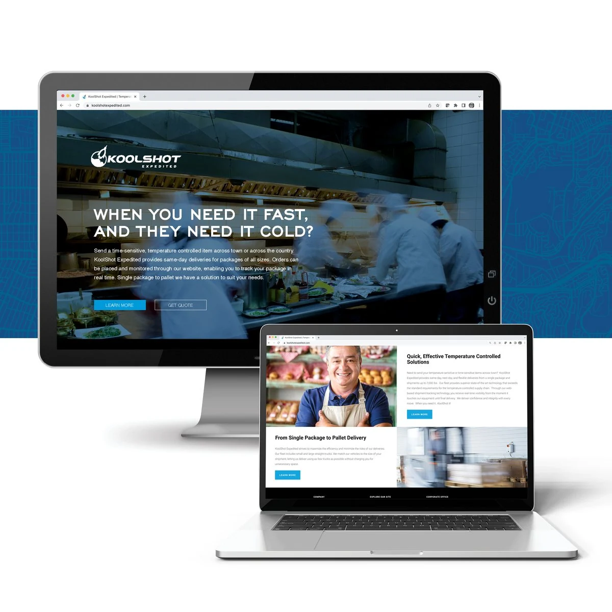 KoolShot Expedited website on a desktop monitor and laptop: “When you need it fast, and they need it cold?” over a busy kitchen