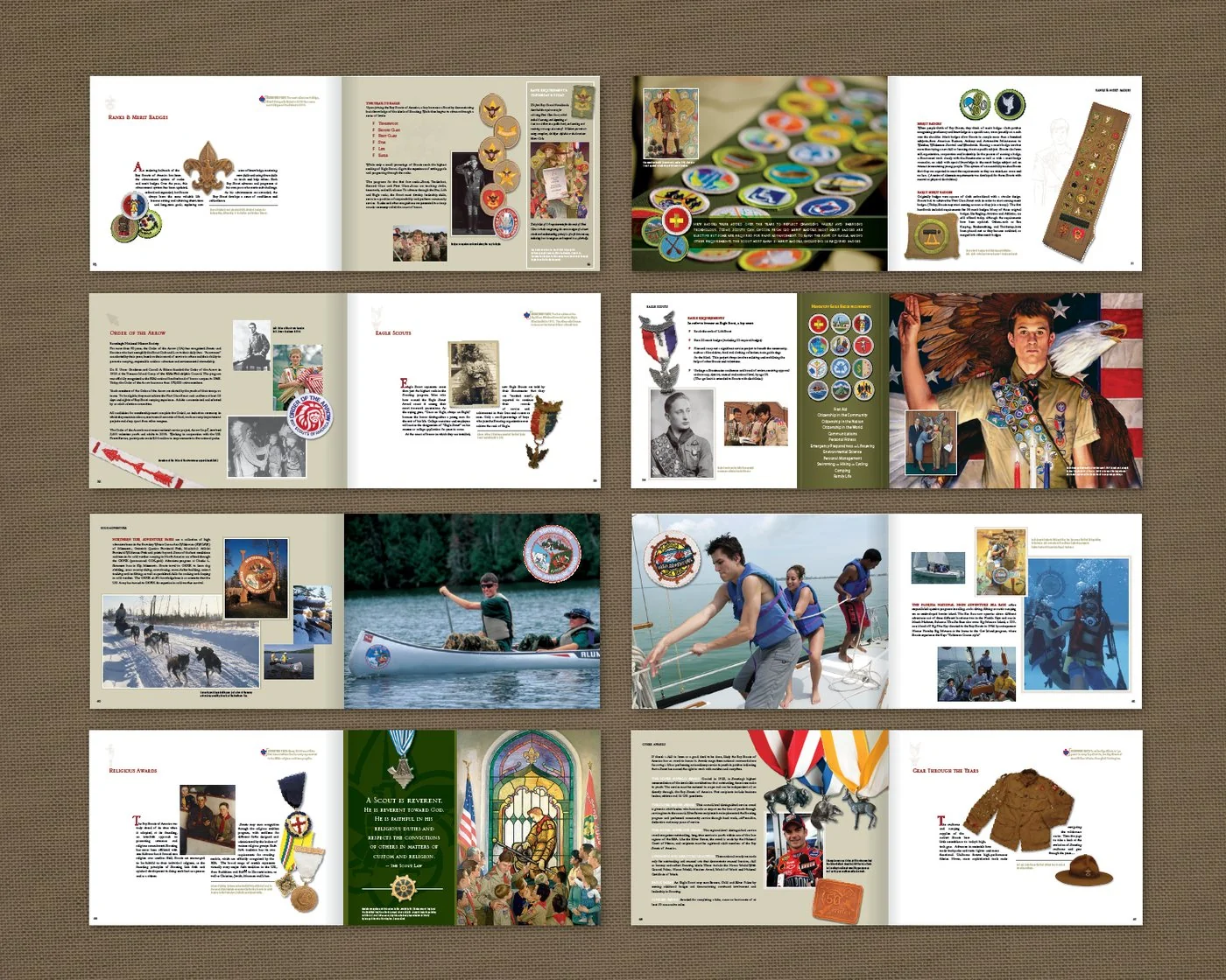 Eight interior spreads: ranks and merit badges, Order of the Arrow, Eagle Scouts, high adventure and religious awards
