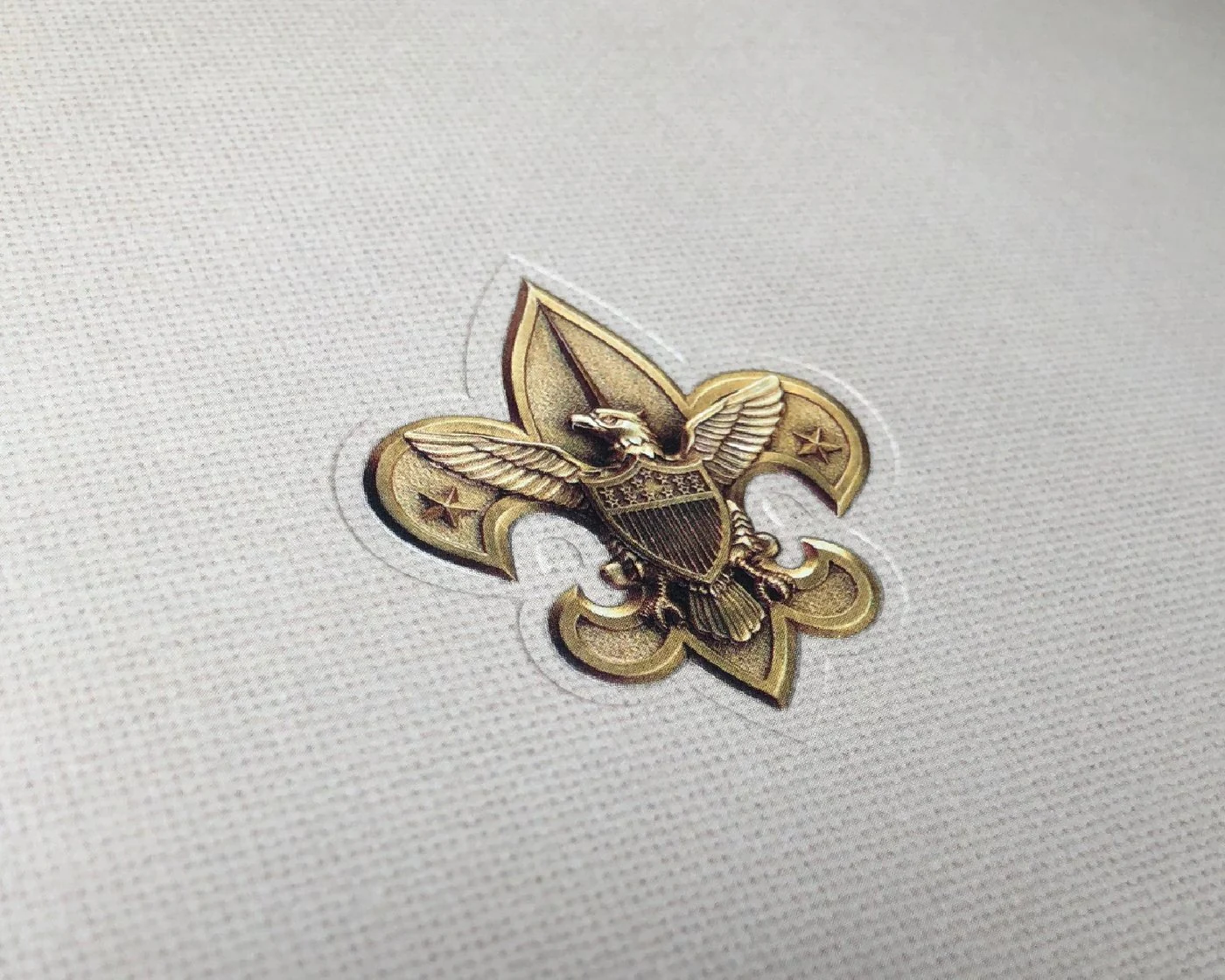 Embossed gold Boy Scouts of America fleur-de-lis on a linen-textured cover