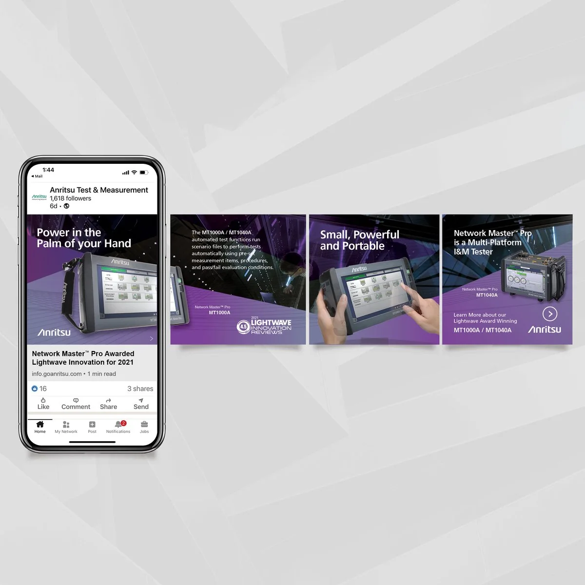 Anritsu Network Master Pro LinkedIn post on a phone beside a three-panel purple carousel