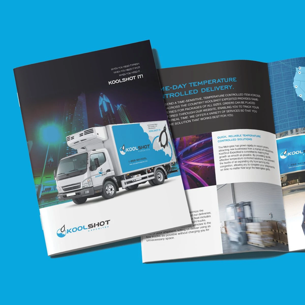 KoolShot brochure cover with the wrapped truck in a neon city, beside an open spread on same-day temperature-controlled delivery