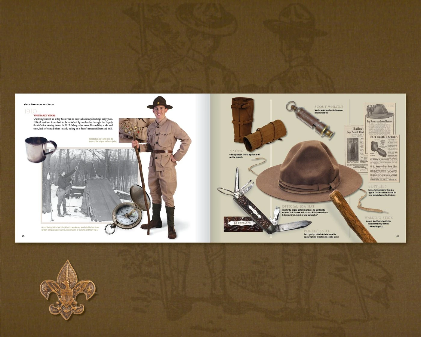 1910 gear spread: a Scout in the early uniform, with a campaign hat, gaiters, whistle and pocket knife