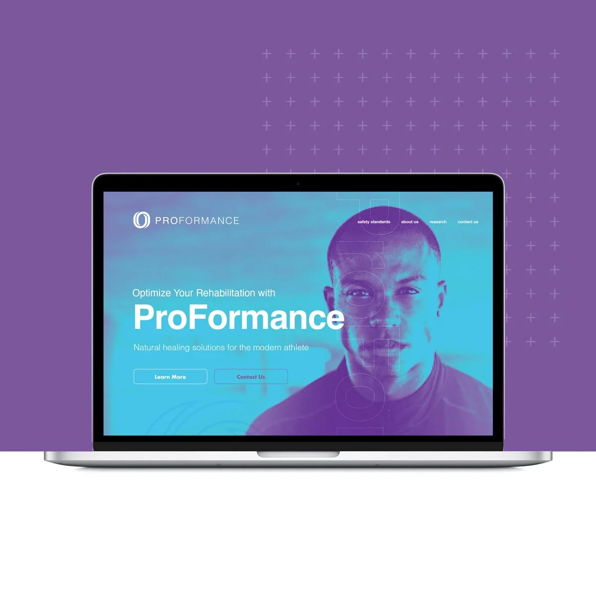 ProFormance website on a laptop: a cyan and purple duotone athlete behind “Optimize Your Rehabilitation with ProFormance”