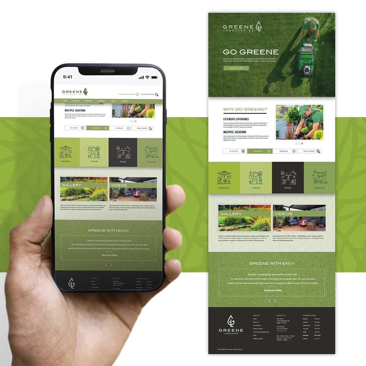 GREENE Landscaping website shown on a phone and as a full-length desktop page
