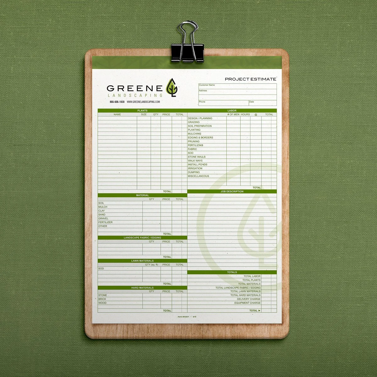 GREENE Landscaping project estimate form on a wooden clipboard