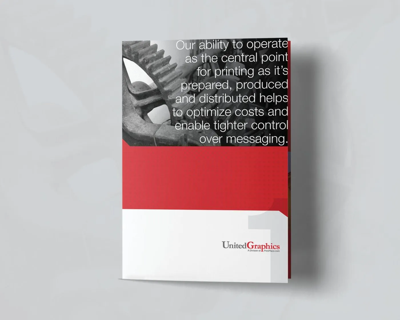 Red United Graphics pocket folder with a gear photo and the line “Our ability to operate as the central point for printing…”