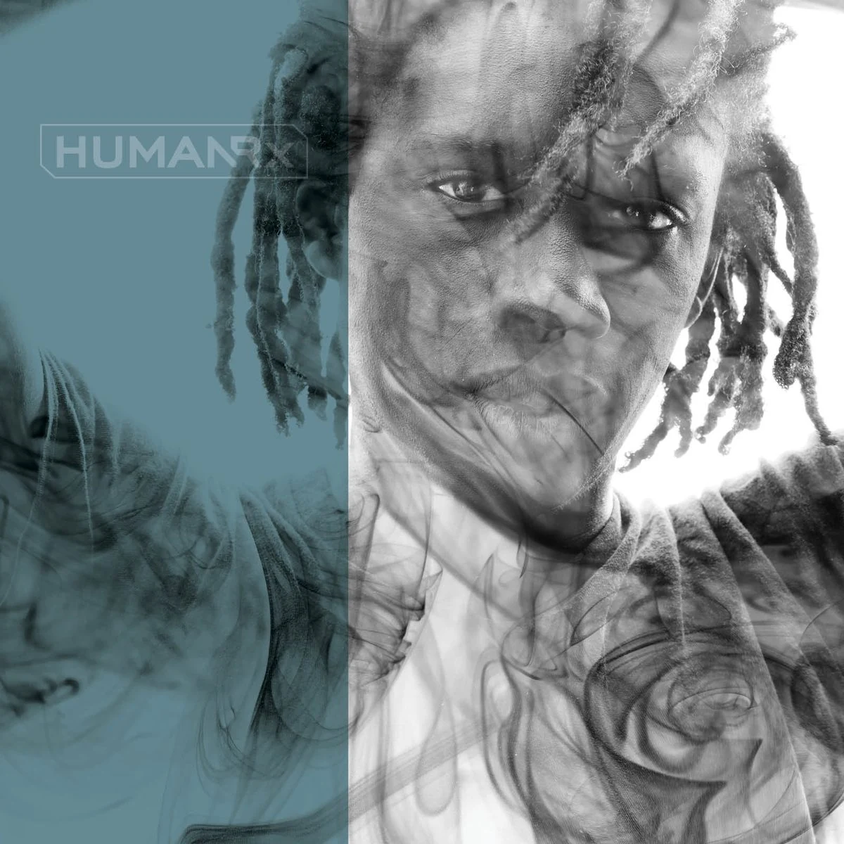 Double-exposure portrait with smoke, split with a teal band and the HumanRX logo