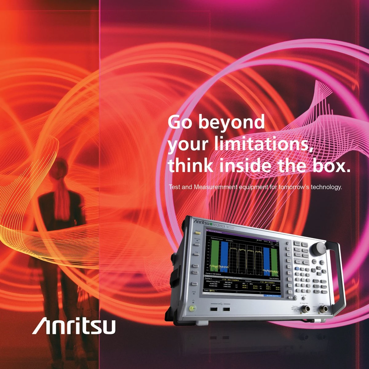 Anritsu ad “Go beyond your limitations, think inside the box” with a signal analyzer over orange and pink light trails