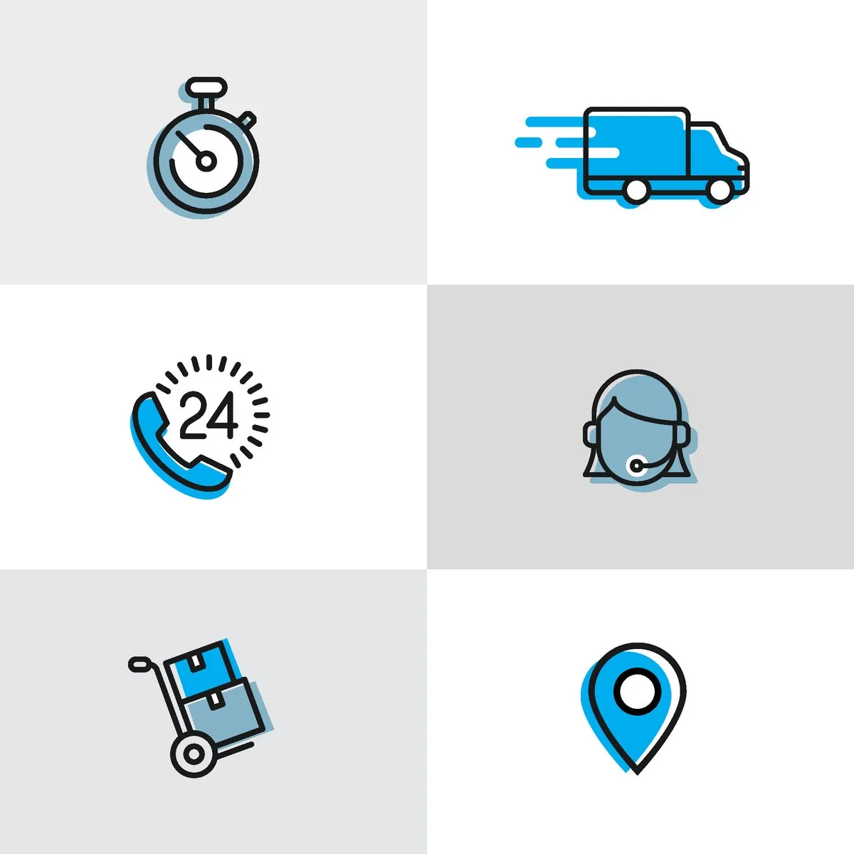 Six KoolShot service icons: stopwatch, speeding truck, 24-hour phone, support agent, hand truck with boxes and location pin