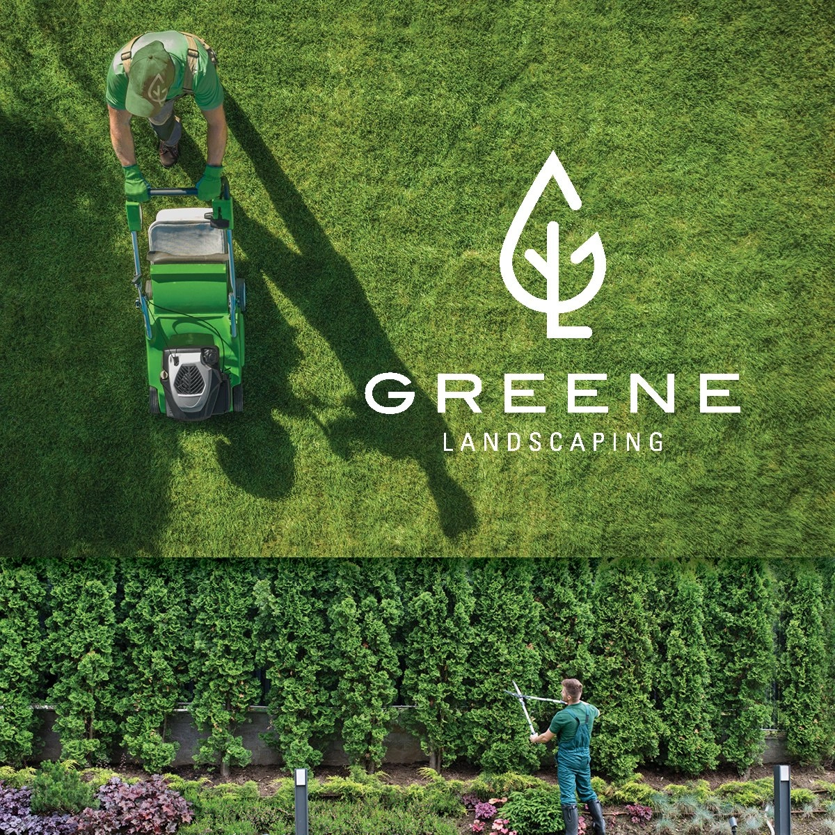 Aerial view of a landscaper mowing a lawn with the white GREENE Landscaping logo, above a crew member trimming a tall hedge