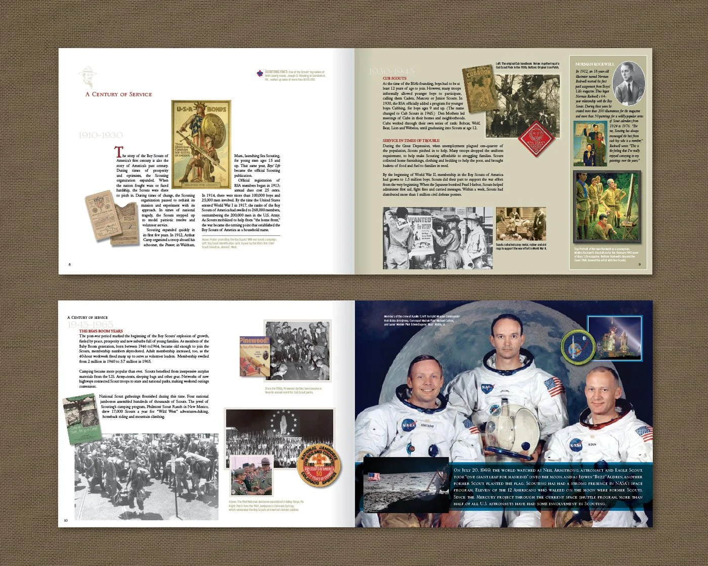 “A Century of Service” spreads covering 1910 to 1965, with posters, photos and an Apollo 11 crew portrait