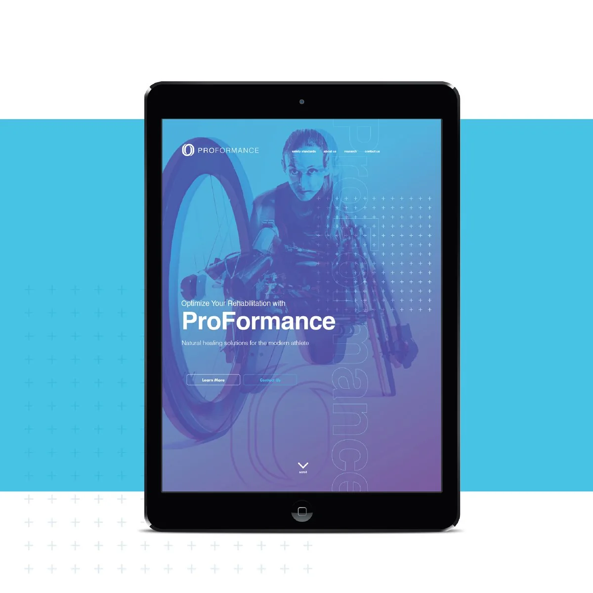 ProFormance website on a tablet, with a wheelchair racer in duotone