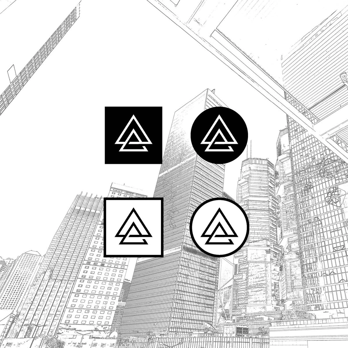 Four APODOKIA mark lockups (solid and outlined squares and circles) over a line drawing of city towers