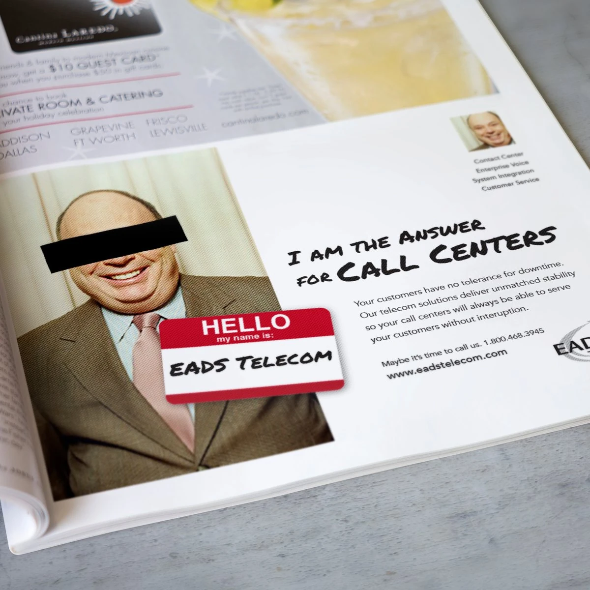 EADS Telecom magazine ad “I am the answer for call centers” with a man wearing an EADS Telecom name tag