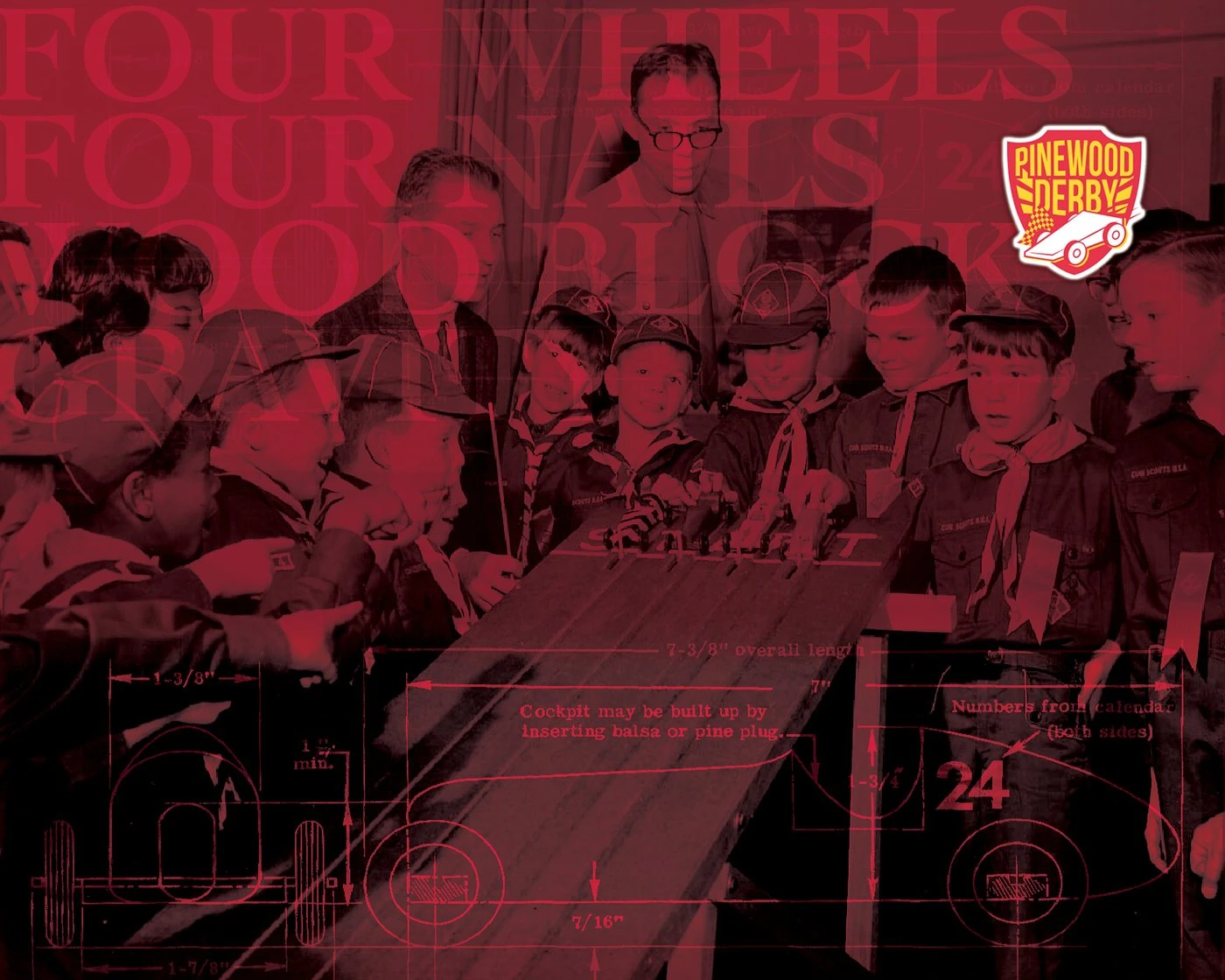 Red-toned Pinewood Derby page: Cub Scouts crowd around a race track over car blueprint drawings