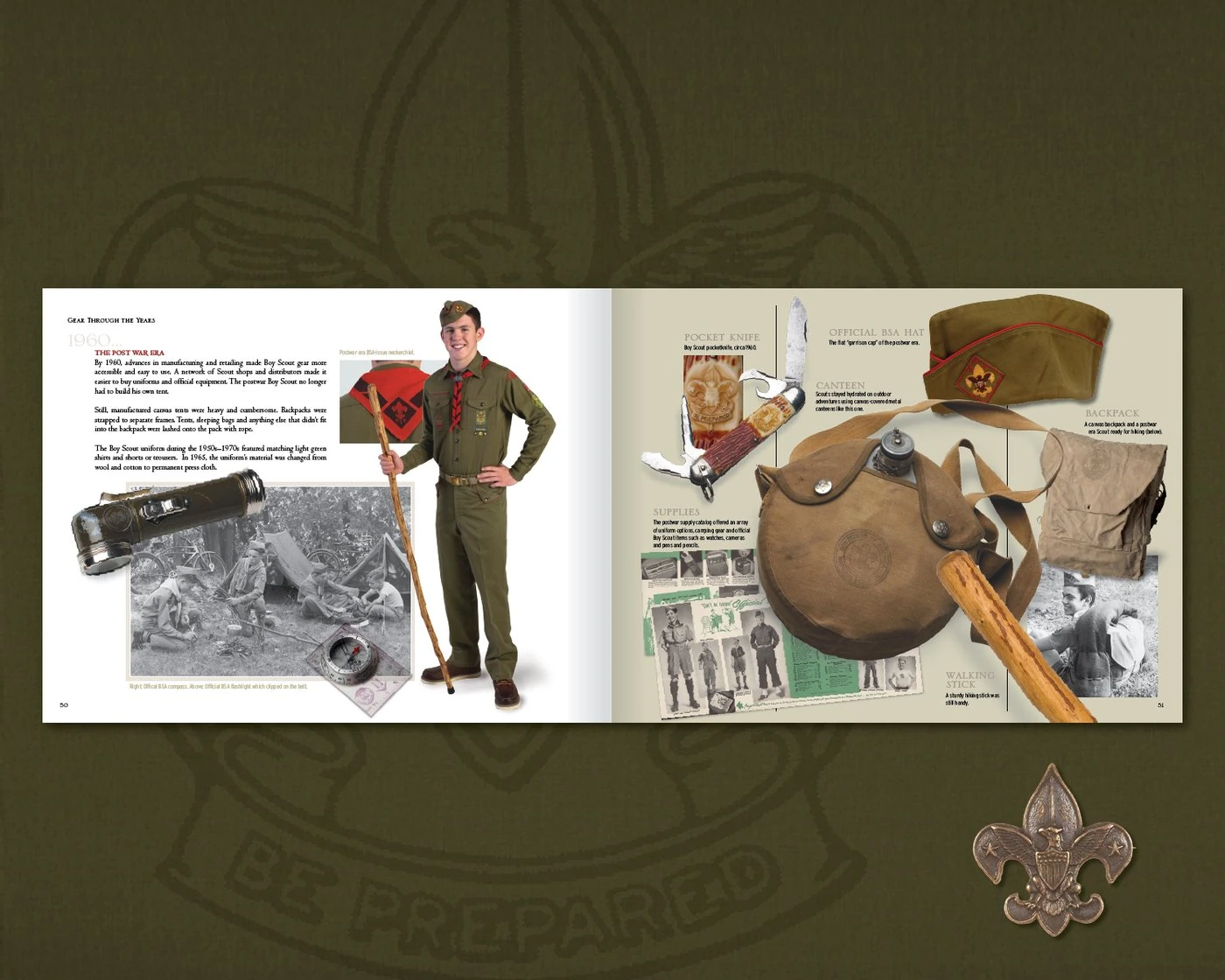 1960 gear spread: a Scout in the postwar uniform, with a garrison cap, canteen, backpack and pocket knife