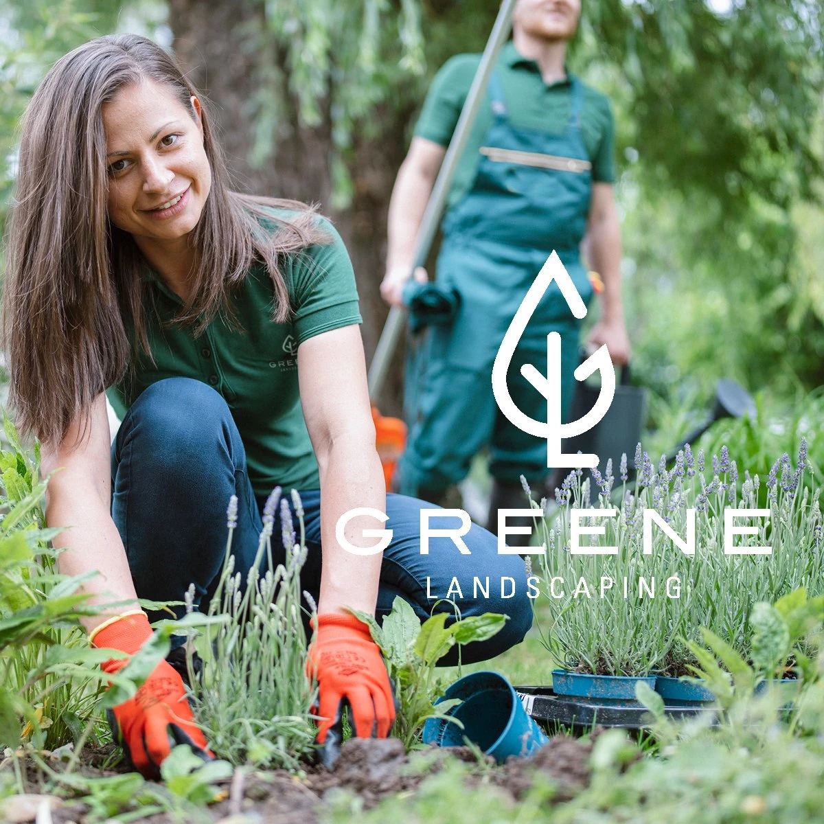 A smiling woman in a GREENE polo planting lavender, with the white GREENE logo