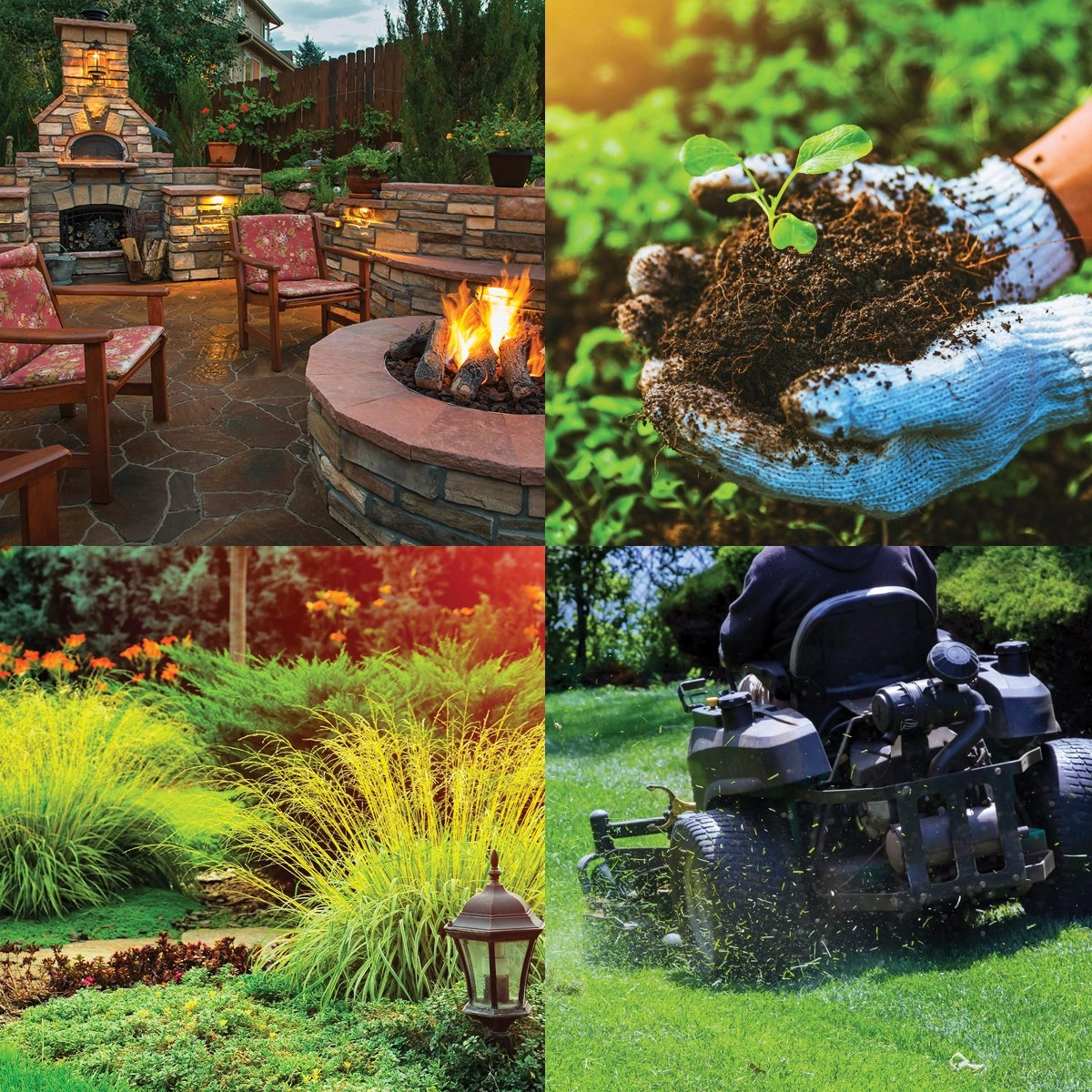 Four service photos: a stone patio with fire pit, a seedling in gloved hands, ornamental grasses and a riding mower