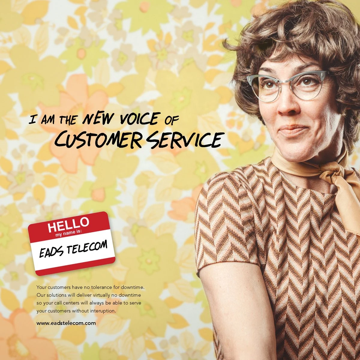 EADS Telecom ad “I am the new voice of customer service”: a woman in cat-eye glasses and a chevron top against retro floral wallpaper