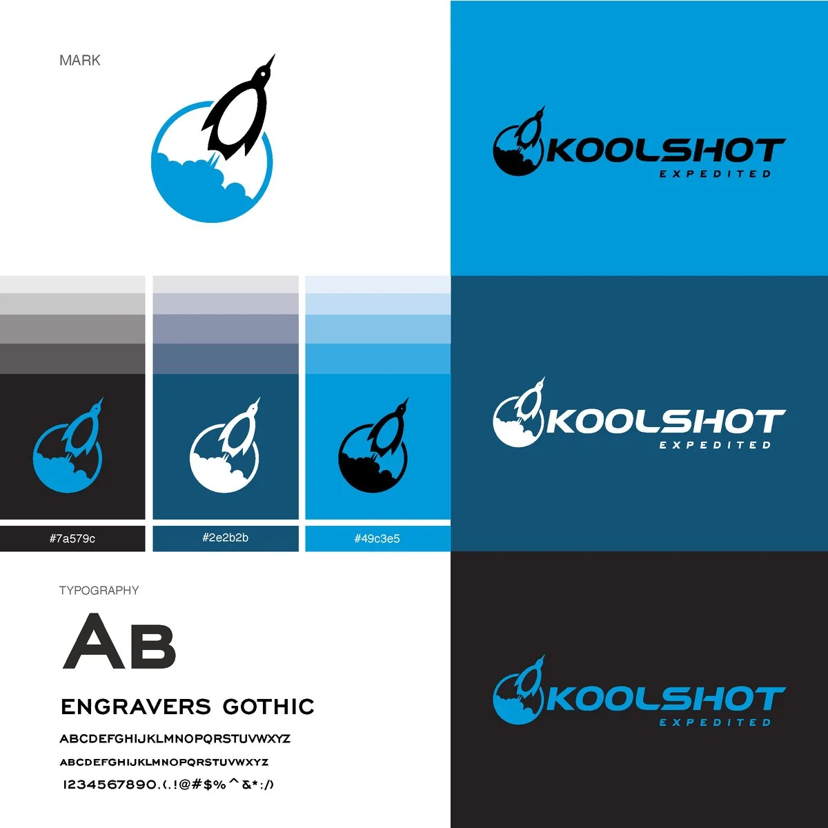 KoolShot brand board: the penguin mark, color palettes, Engravers Gothic typography and logo lockups on blue, navy and black