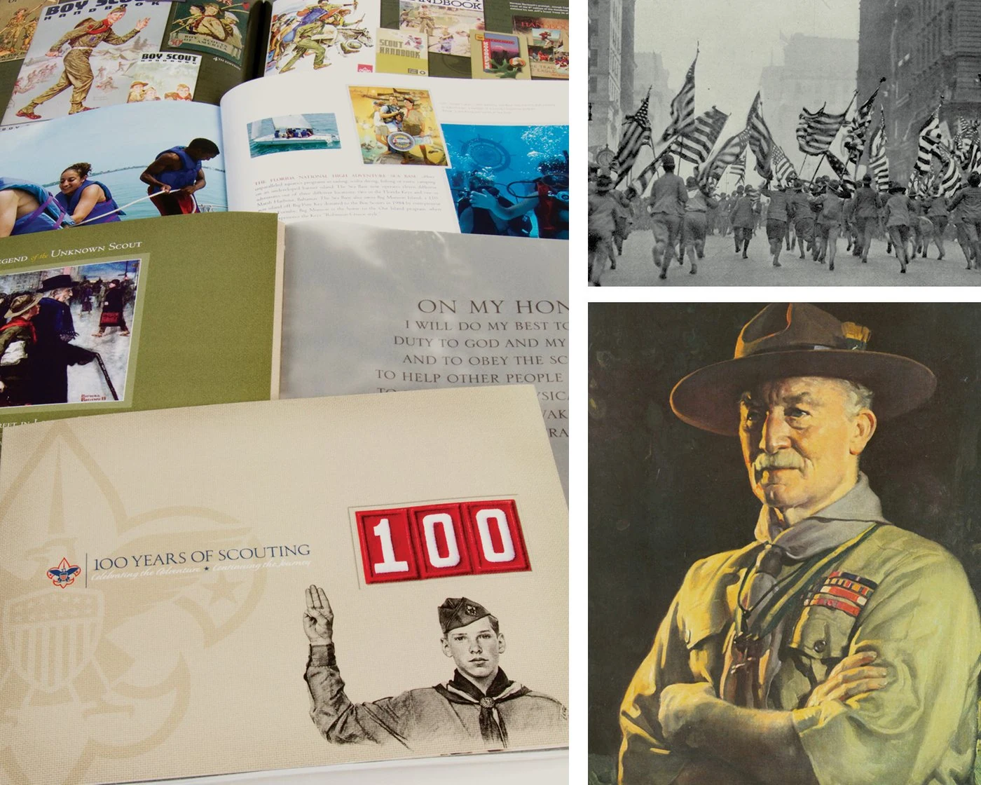 Collage of the 100 Years of Scouting book: open spreads, the cover, Scouts marching with flags and a portrait of Baden-Powell