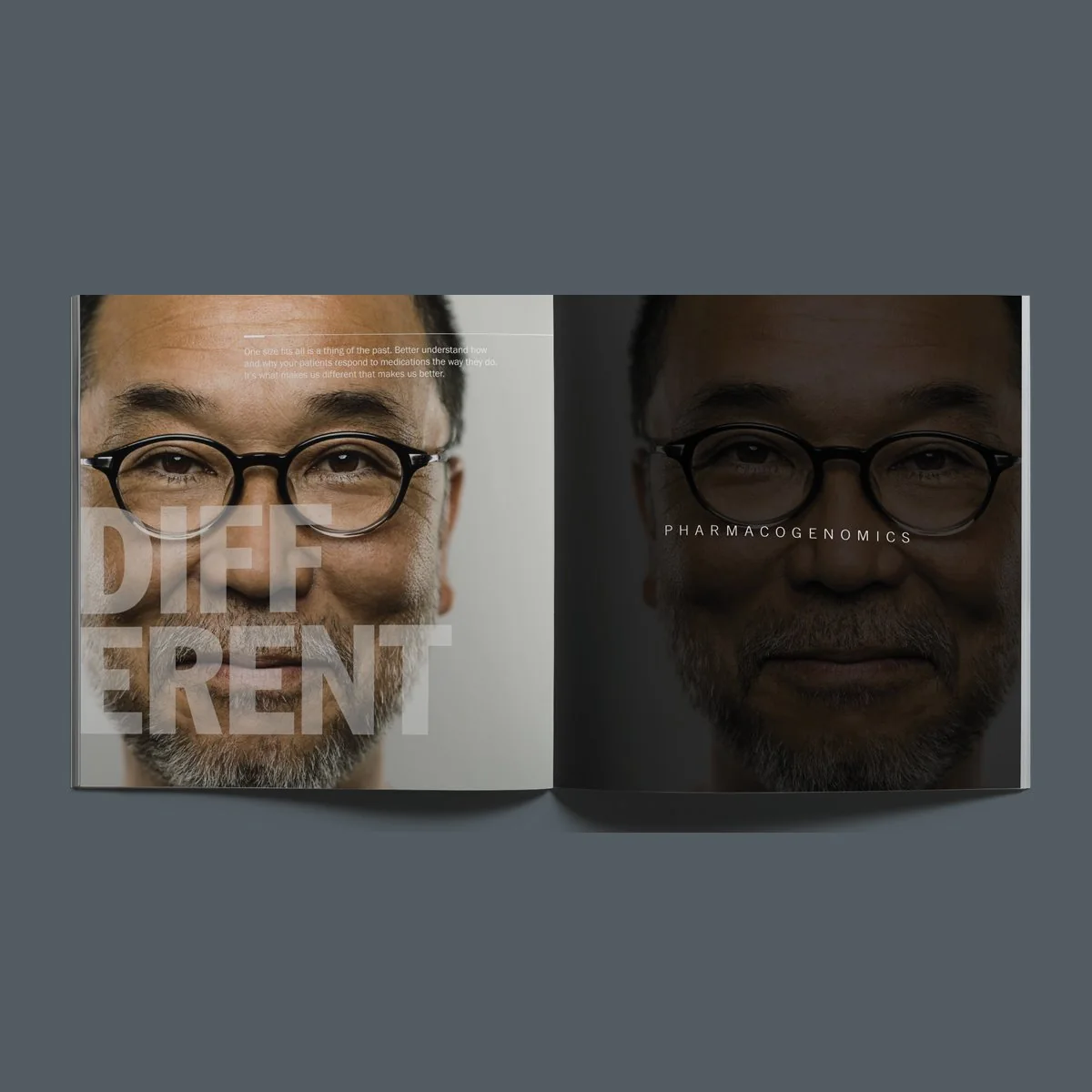 Brochure spread: “Different” over a man in round glasses, facing a darkened page titled Pharmacogenomics