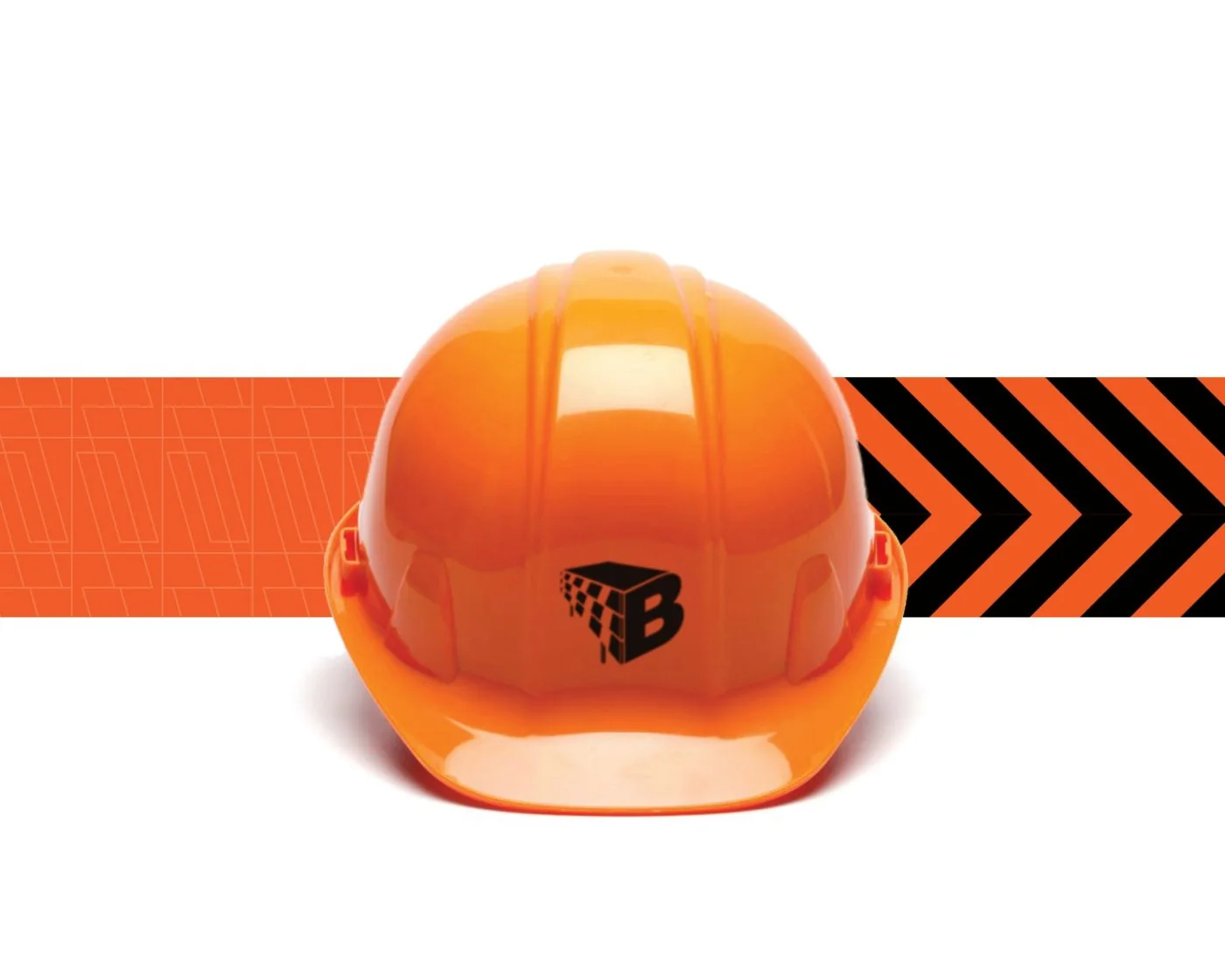 Orange hard hat with the black Buyers B mark, in front of orange line-pattern and chevron bands