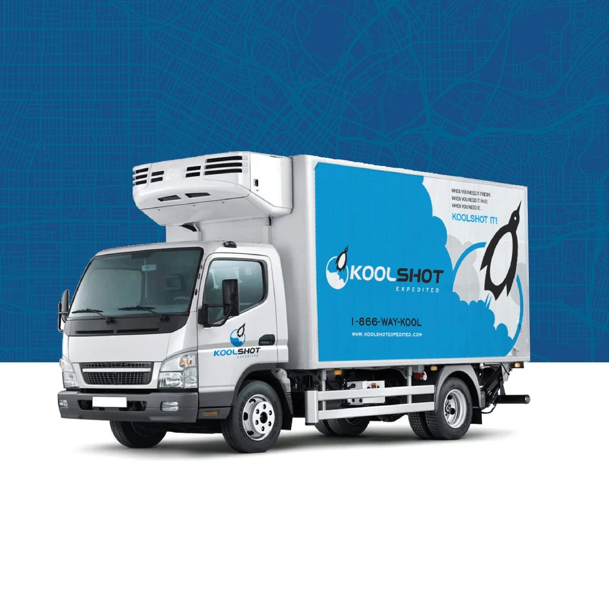 KoolShot Expedited refrigerated box truck with a blue wrap, the rocket penguin and “When you need it… KoolShot it!”, over a blue street map