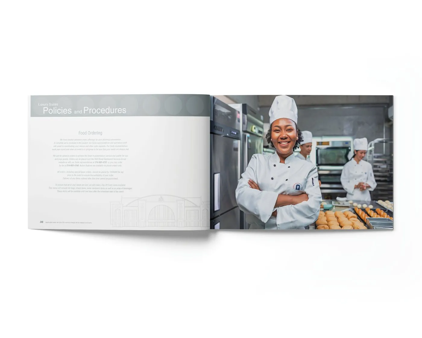 Policies and Procedures spread with food ordering details beside a smiling chef in the kitchen