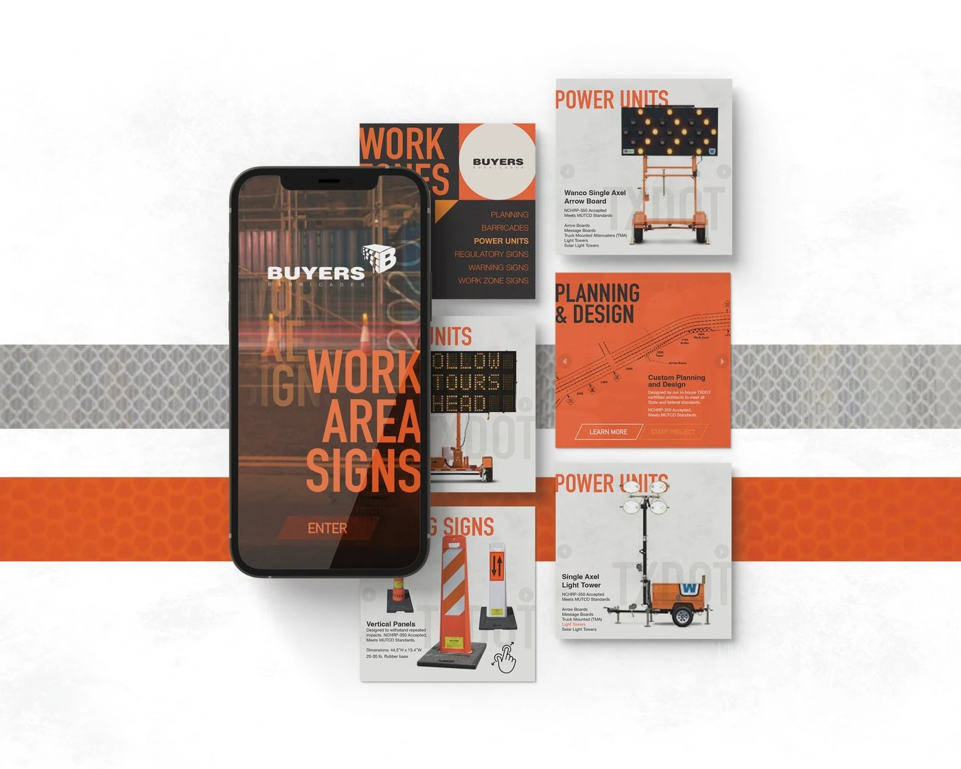 Buyers “Work Area Signs” mobile screen with product squares for power units, planning and design, and signs