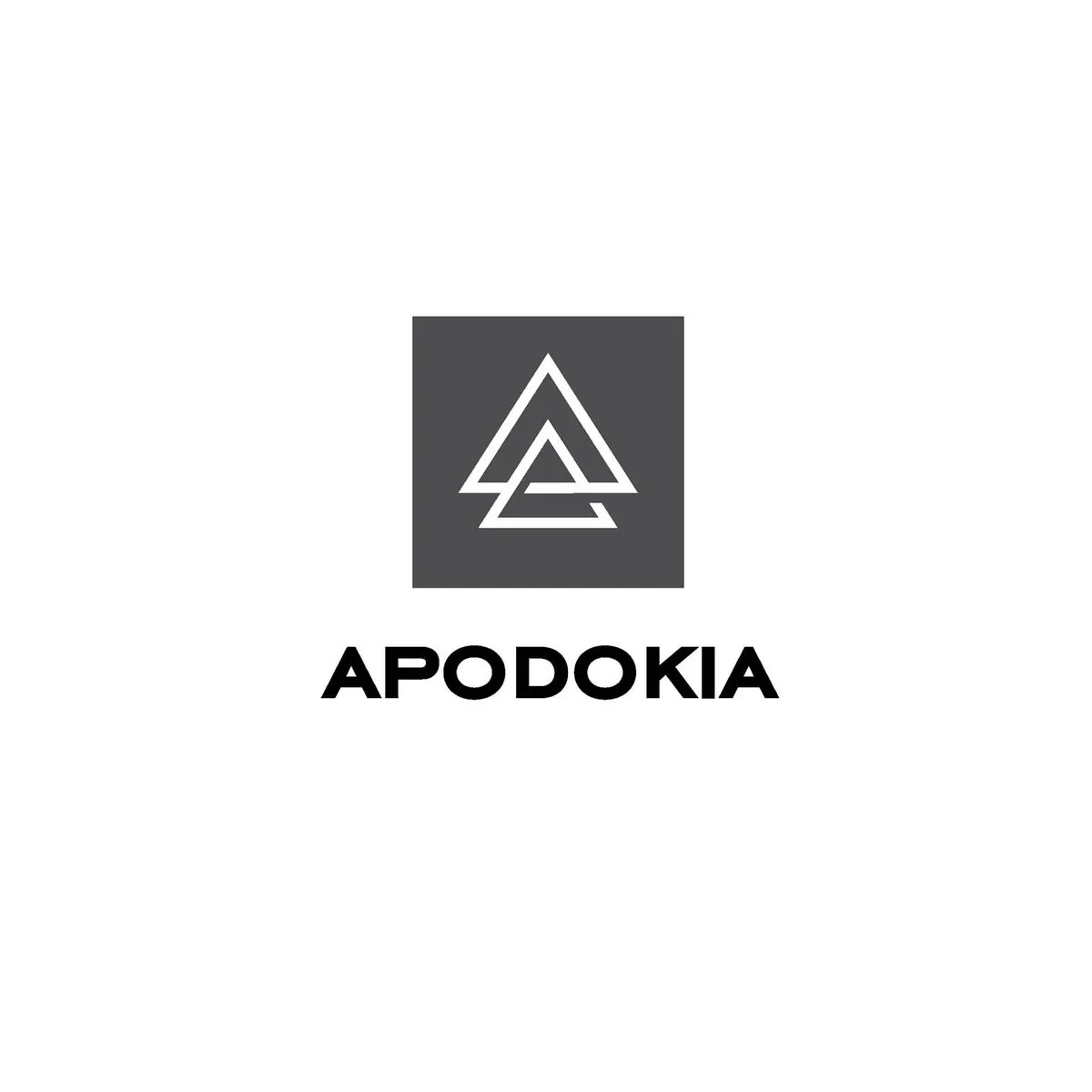 APODOKIA logo: the stacked-triangle mark in a charcoal square above the APODOKIA wordmark