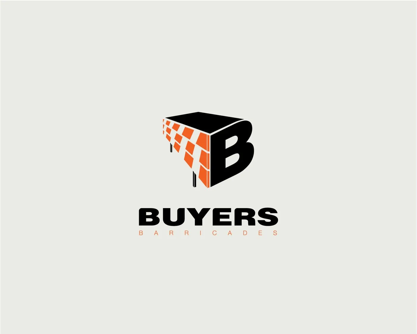 Buyers Barricades logo: a dimensional B mark with an orange checkered barricade face above the BUYERS wordmark