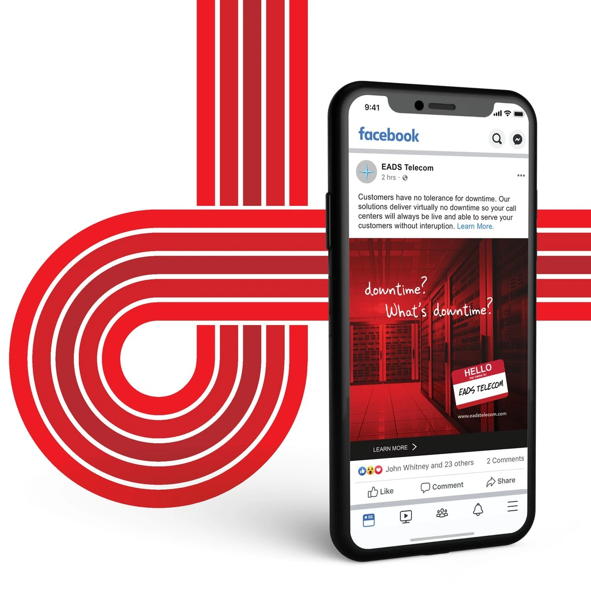 EADS Telecom Facebook post “Downtime? What’s downtime?” over a red-lit server room