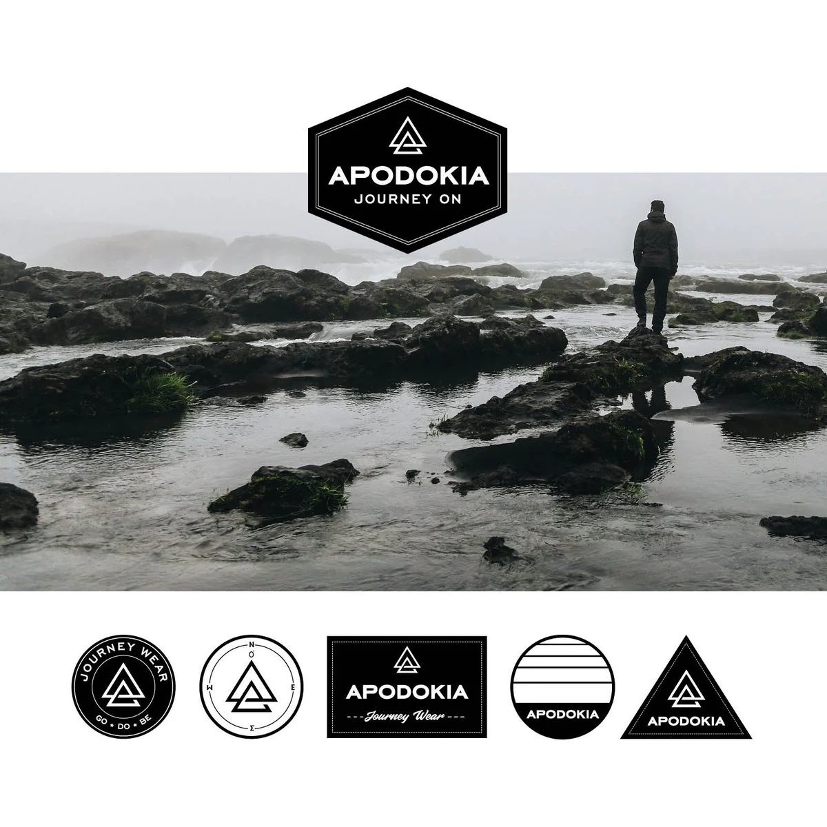 APODOKIA “Journey On” hexagon badge over a misty coastline, with a row of five Journey Wear badges below