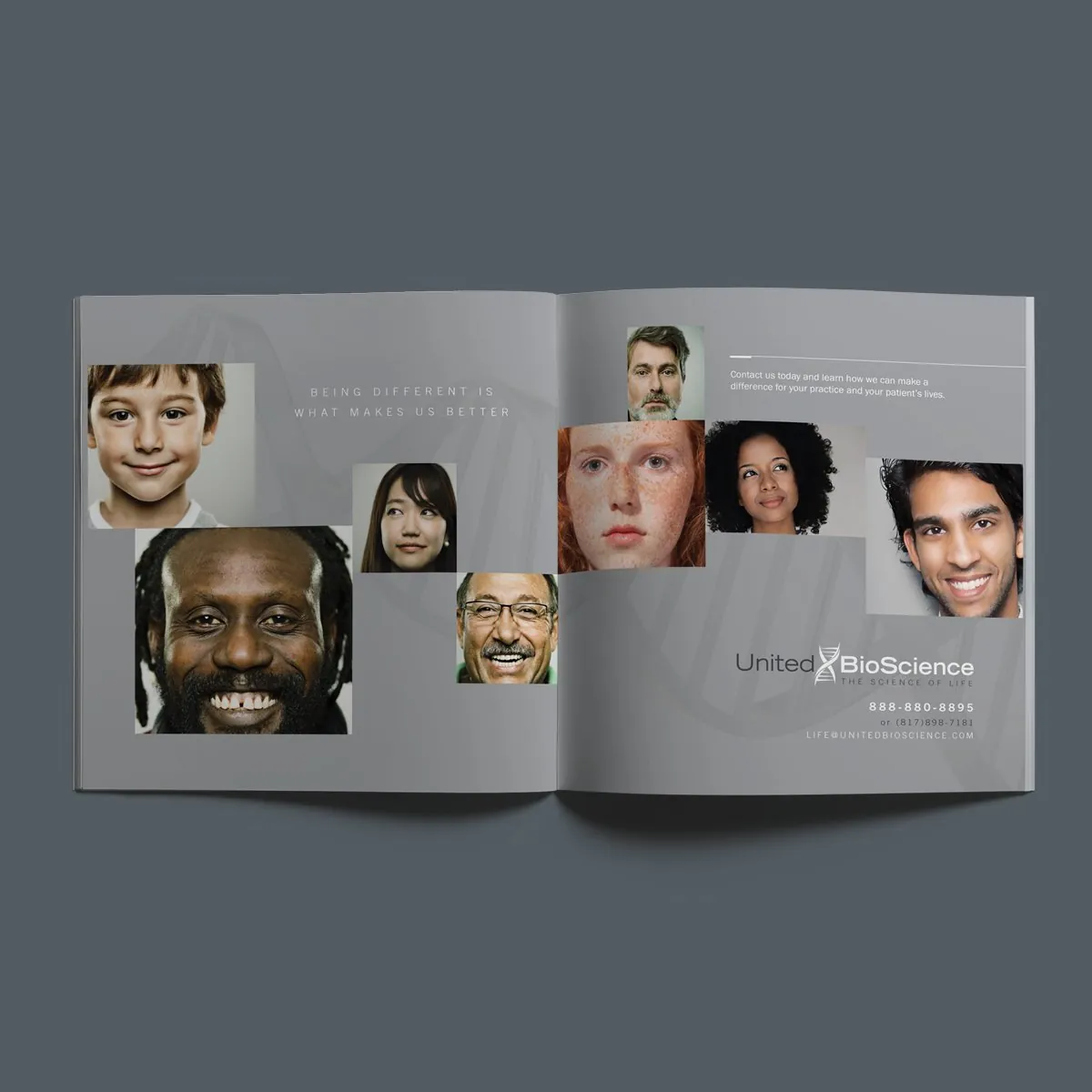 Brochure spread “Being different is what makes us better” with a collage of diverse portraits and contact details