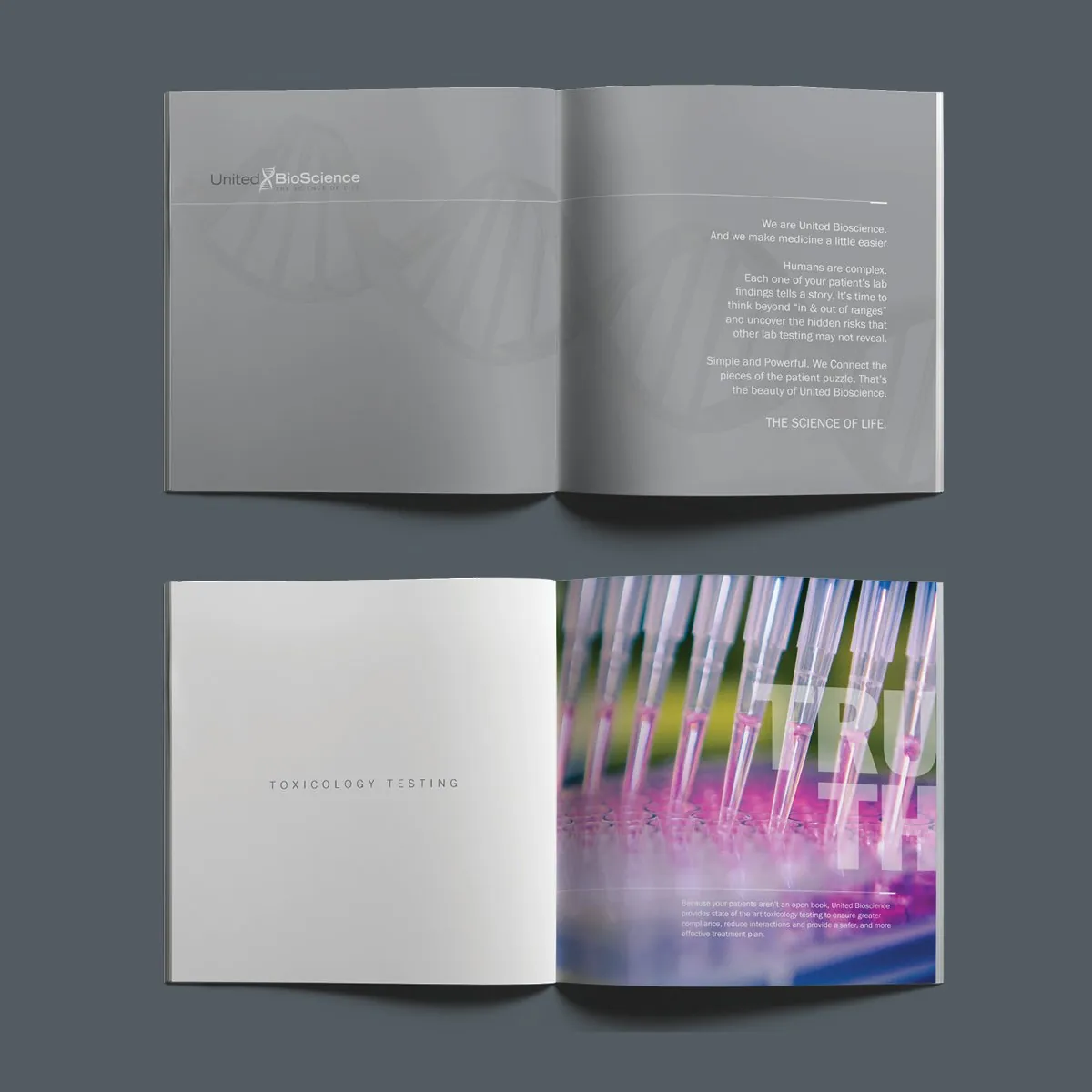 Brochure spreads: the United Bioscience introduction, and Toxicology Testing with pipettes and the word “Truth”