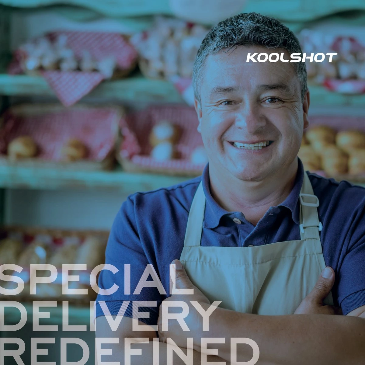 Smiling baker in an apron in front of bread shelves, with the headline “Special delivery redefined”
