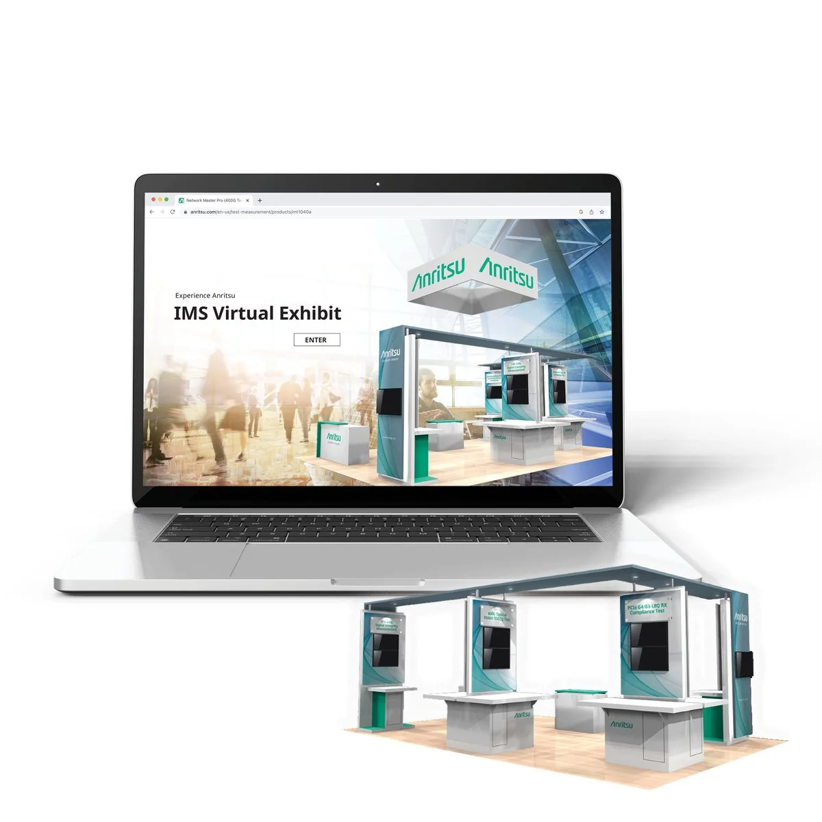 Anritsu IMS Virtual Exhibit on a laptop, with a 3D rendering of the booth