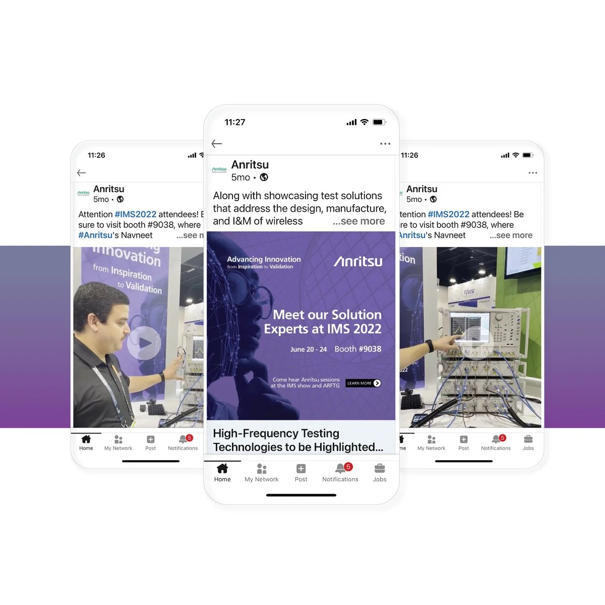 Three phones showing Anritsu LinkedIn posts for IMS 2022, including booth demo videos